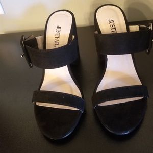 JustFab Mariana Black suede open toe sandal 6.5